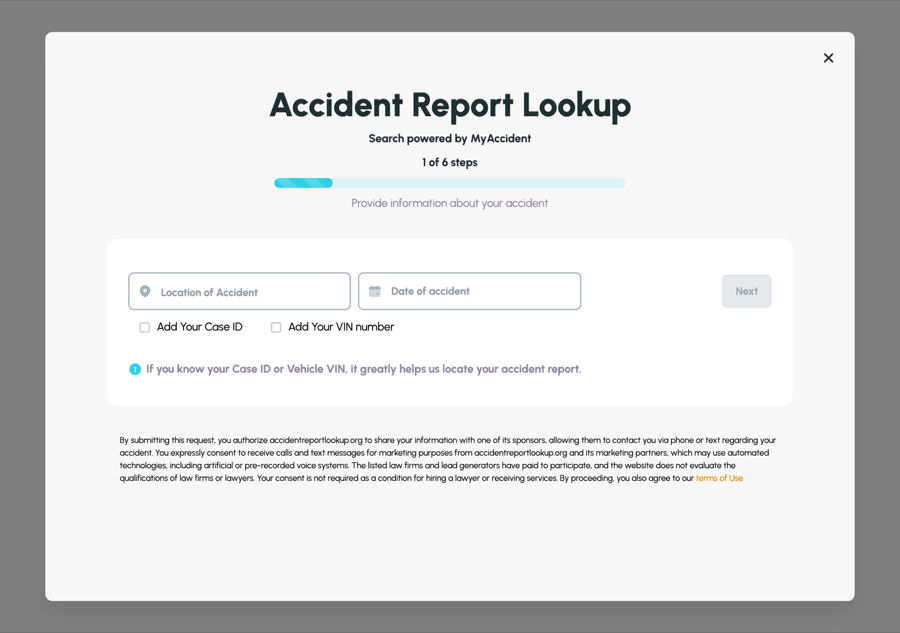 AccidentReportLookup.org step one of six form asking for case ID and VIN