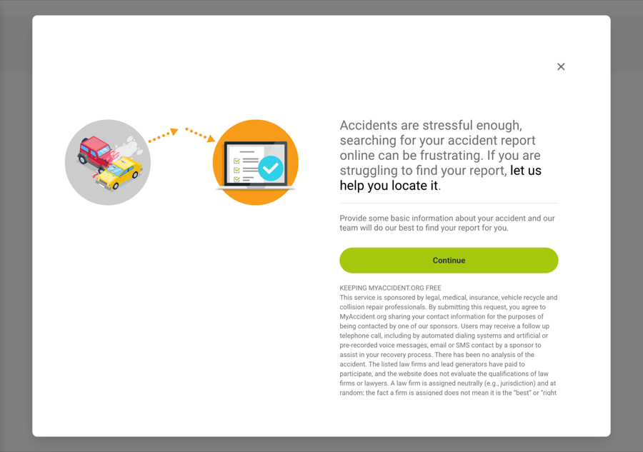 MyAccident.org friendly popup that says let us help you locate it
