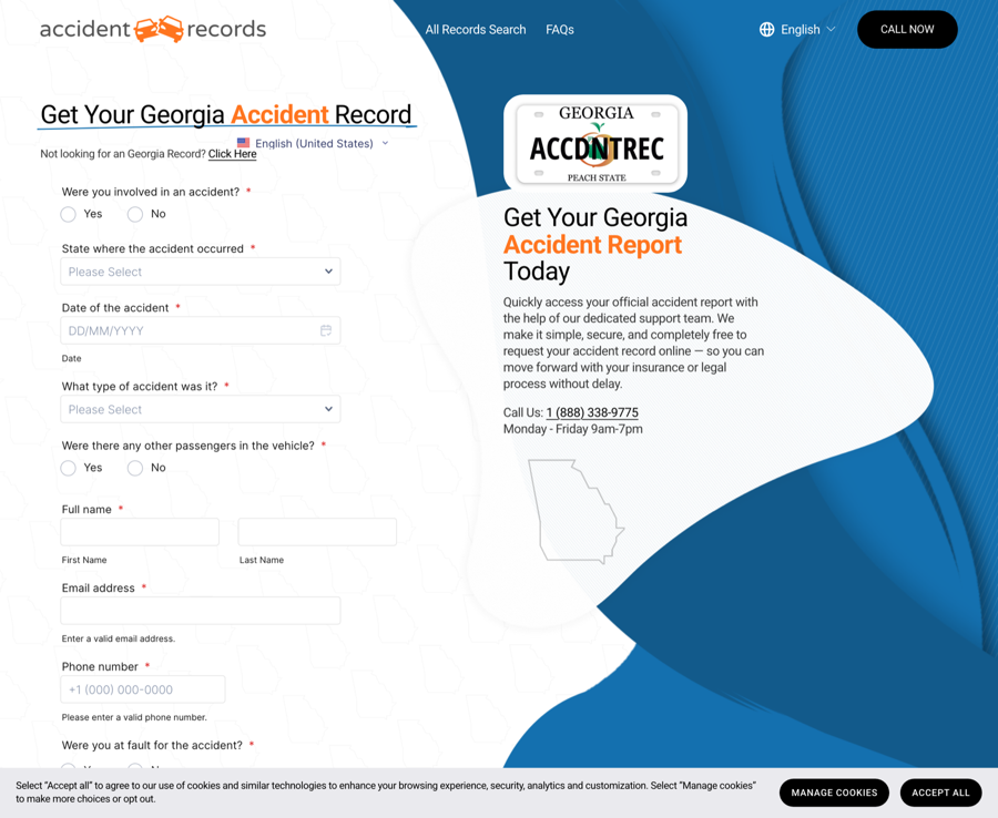 AccidentRecords.net Georgia page promising a completely free accident record
