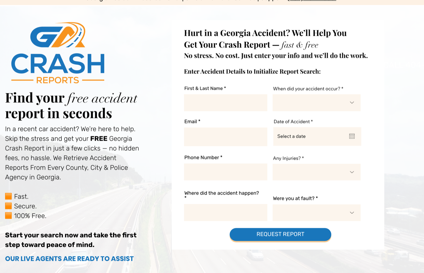 GACrashReports.com form promising a free accident report in seconds while requiring answers about injuries and fault